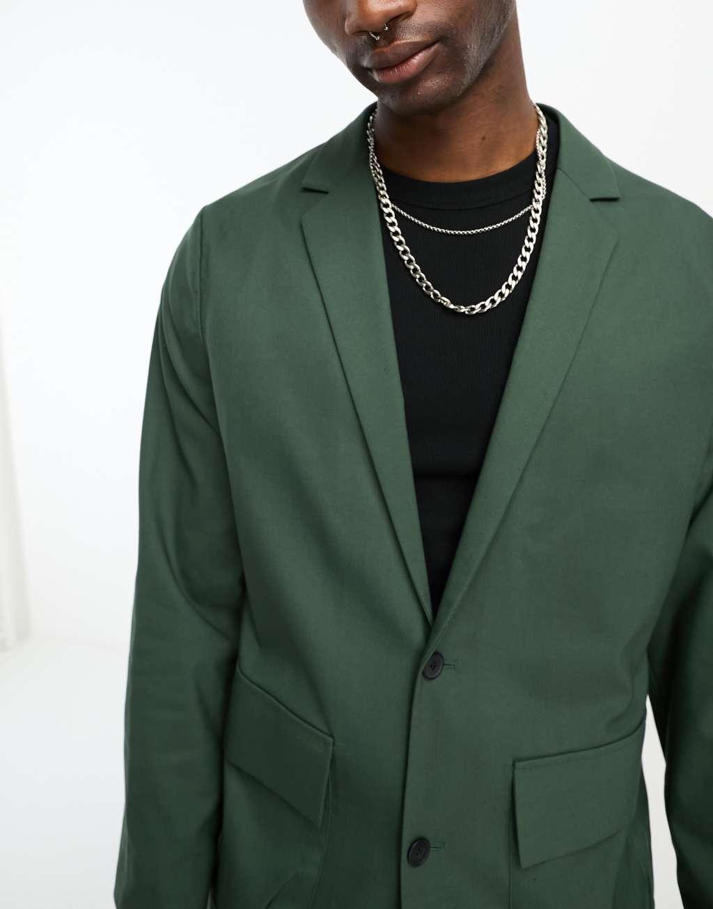 ASOS DESIGN oversized cargo pocket suit jacket in green Product Image