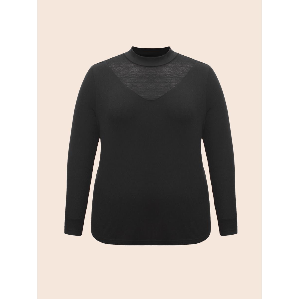 Plus Size Mock Neck Mesh Patchwork Stretchy T-shirt Black Women Casual See through Stand-up collar Everyday T-shirts BloomChic 22-24/3X Product Image