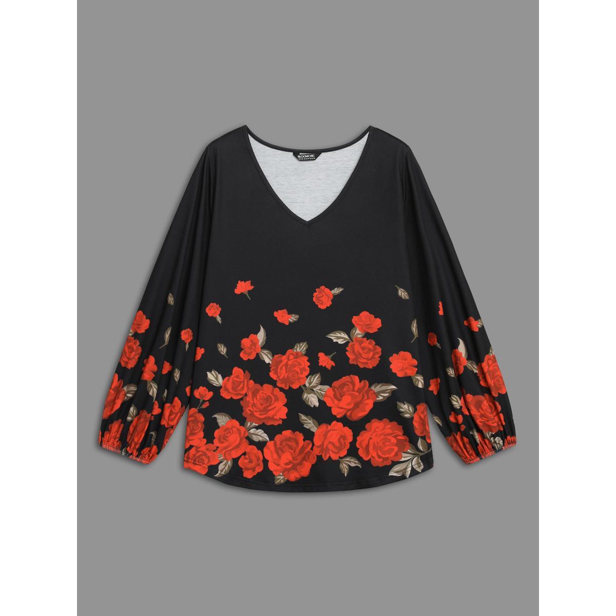 Plus Size Floral Hem V-Neck Stretchy T-shirt Black Women Elegant Contrast Natural Flowers V-neck Everyday T-shirts BloomChic 10/M Product Image