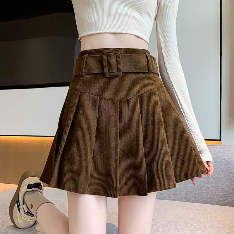 High Waist Corduroy Plain Mini Pleated A-Line Skirt Product Image