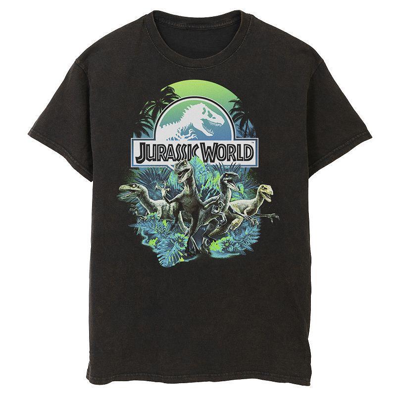 Mens Jurassic World Blue Green Jungle Velociraptor Attack Graphic Tee Product Image