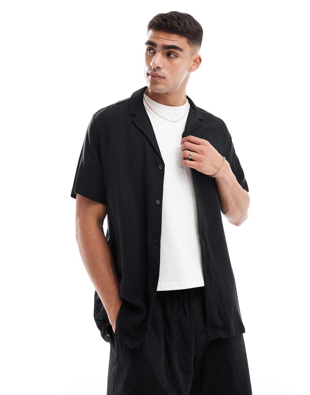 ASOS DESIGN relaxed fit viscose shirt with low revere collar in black Product Image