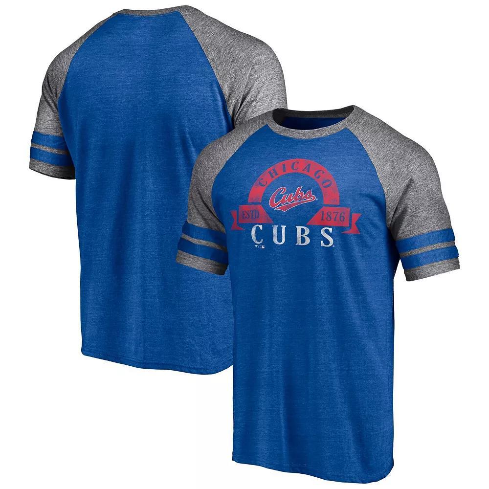 Men's Fanatics Branded Heather Royal Chicago Cubs Utility Two-Stripe Raglan Tri-Blend T-Shirt, Size: Small, Blue Product Image
