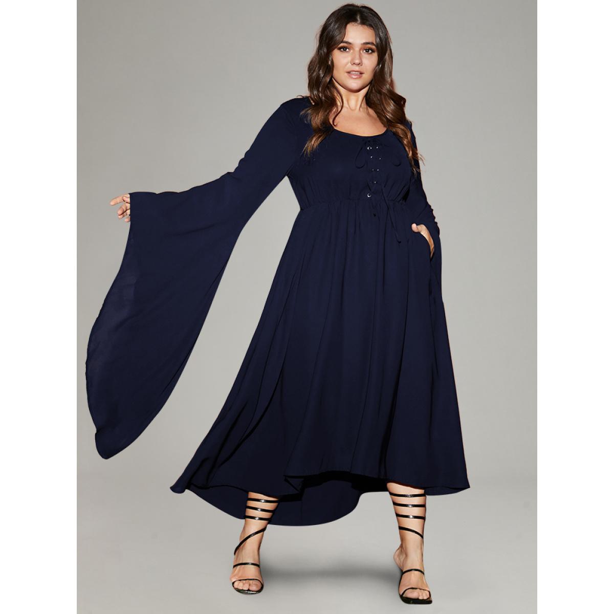 Plus Size Solid Bell Sleeve Pocket Ties High Low Hem Dress DarkBlue Women Playful Non V-neck Long Sleeve Curvy Midi Dress BloomChic 30/6X Product Image