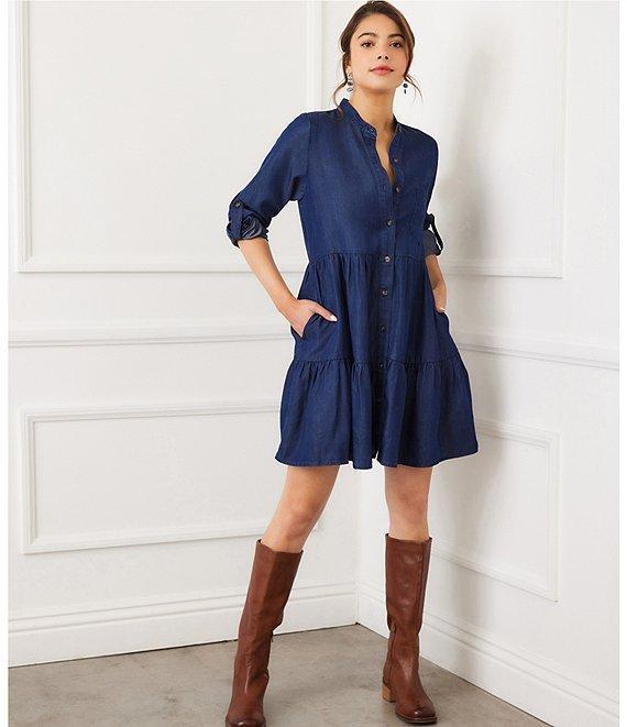Karen Kane Chambray Roll Tab Sleeve Tiered Shirtdress Product Image
