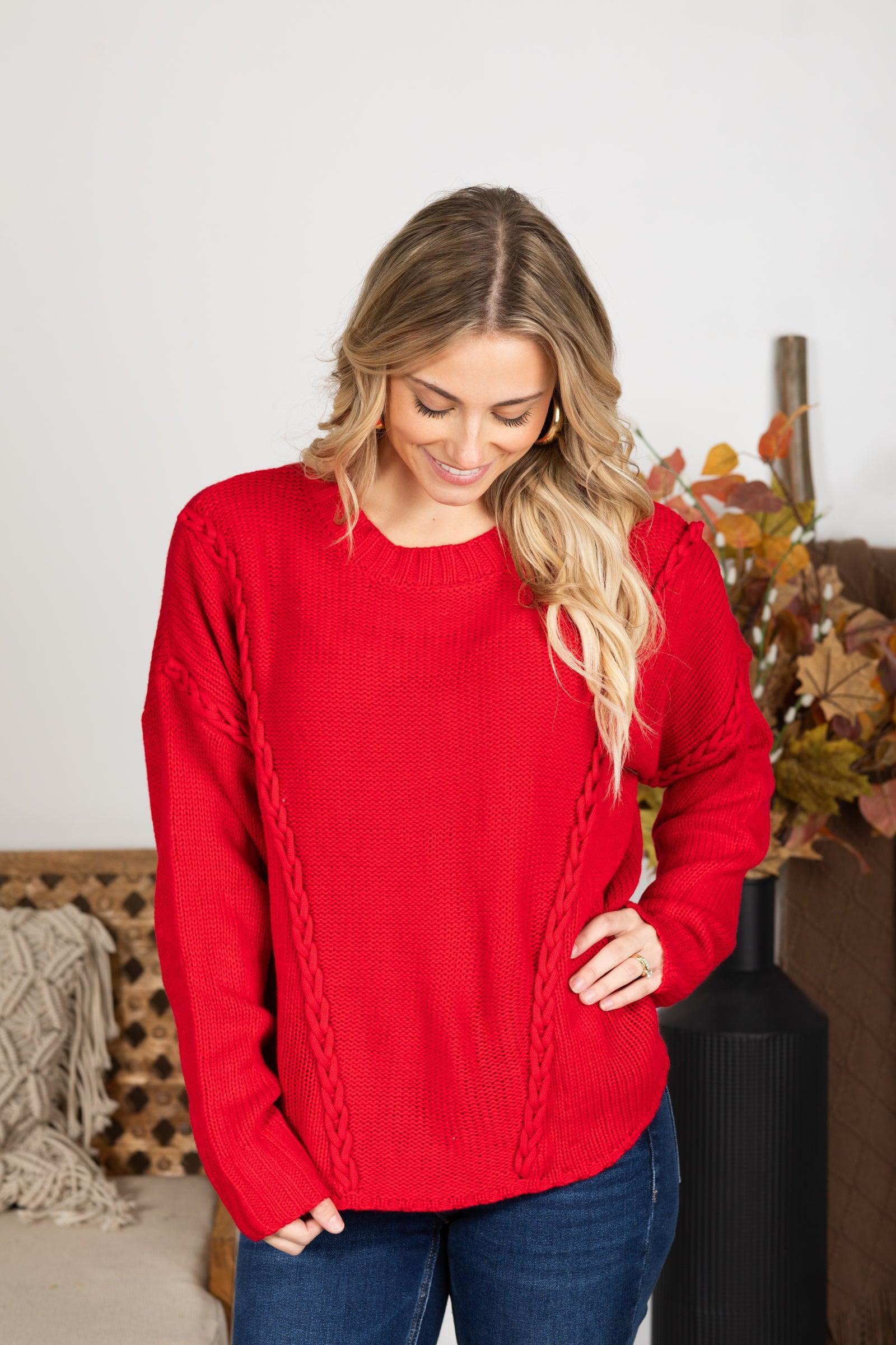 Red Chunky Braid Casual Knit Sweater Product Image