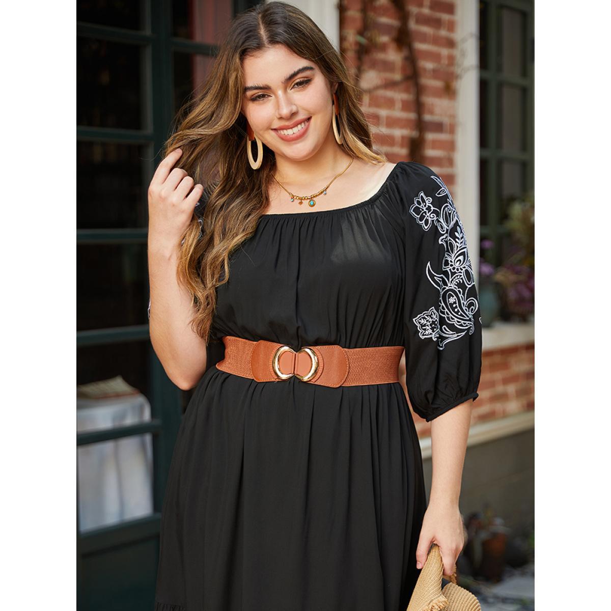 Plus Size Floral Embroidered Pocket Square Neck Lantern Sleeve Dress Black Women Vacation Adjustable Straps Square Neck Half Sleeve Curvy Midi Dress BloomChic 18-20/2X Product Image
