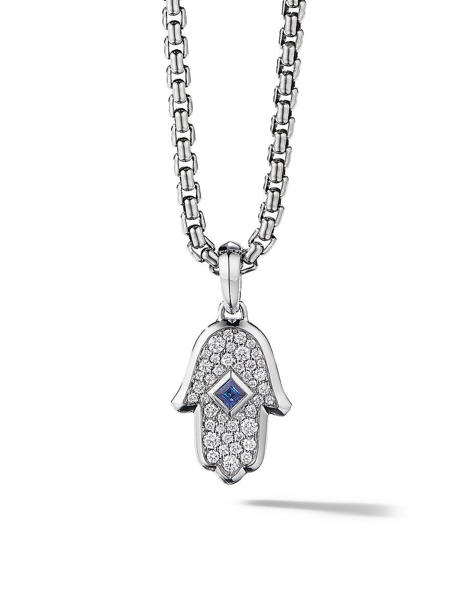 Womens Hamsa Amulet in 18K White Gold with Pav Diamonds and Sapphire, 26MM Product Image