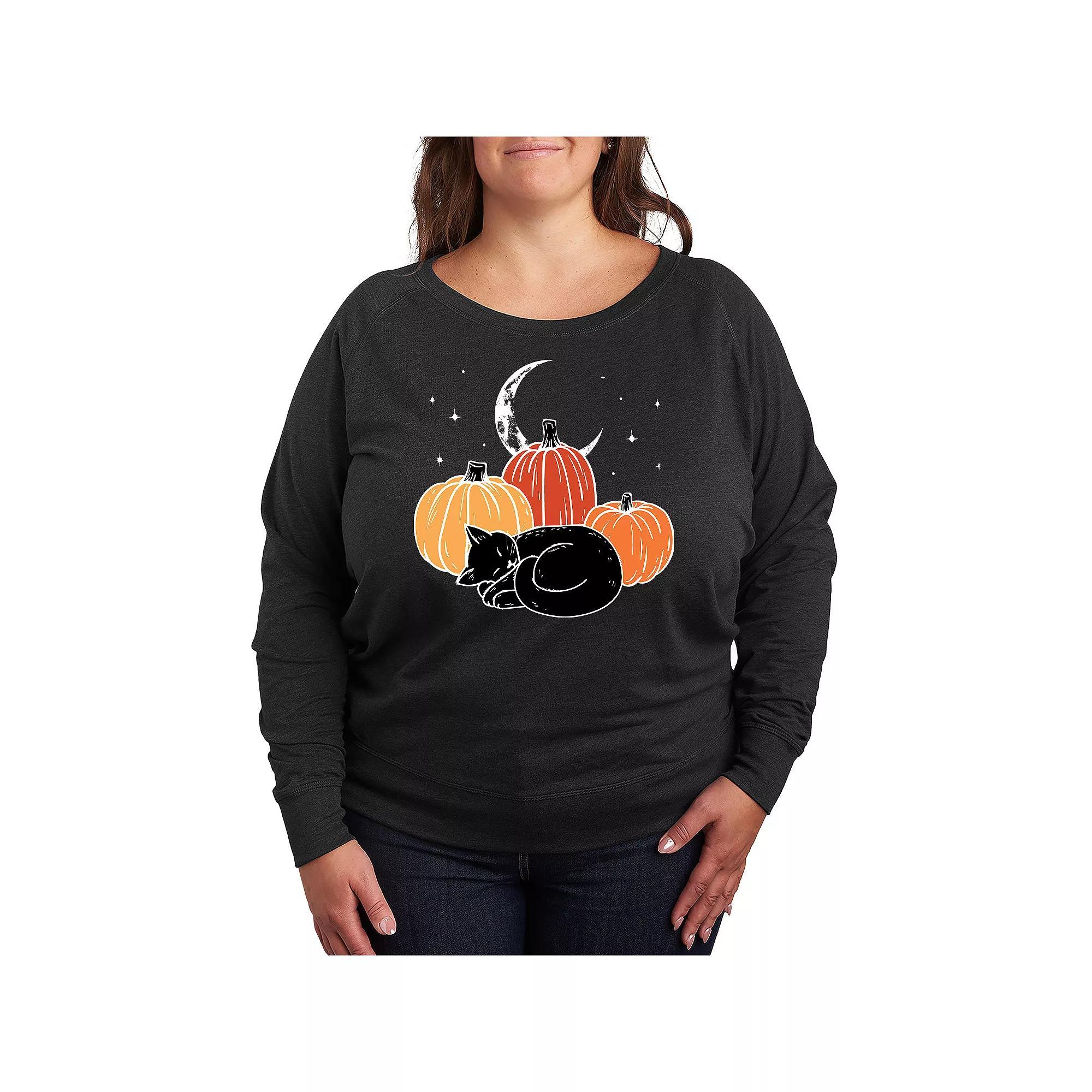 Plus Size Black Cat Pumpkin Nap French Terry Long Sleeve Tee, Women's, Size: 1XL, Heather Grey Product Image