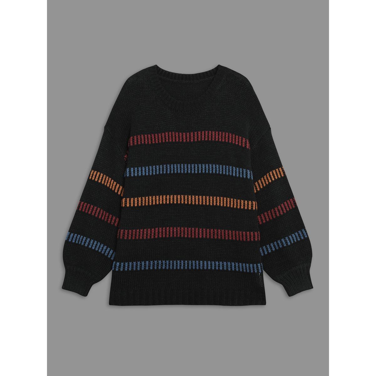 Plus Size Multi-Color Stripes Textured Crew Neck Pullover Black Women Casual Loose Long Sleeve Round Neck Everyday Pullovers BloomChic 28/5X Product Image