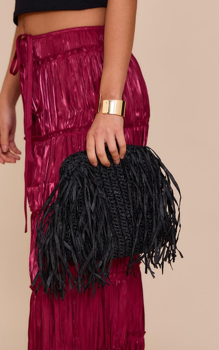 Black Slouchy Raffia Fringe Clutch Product Image