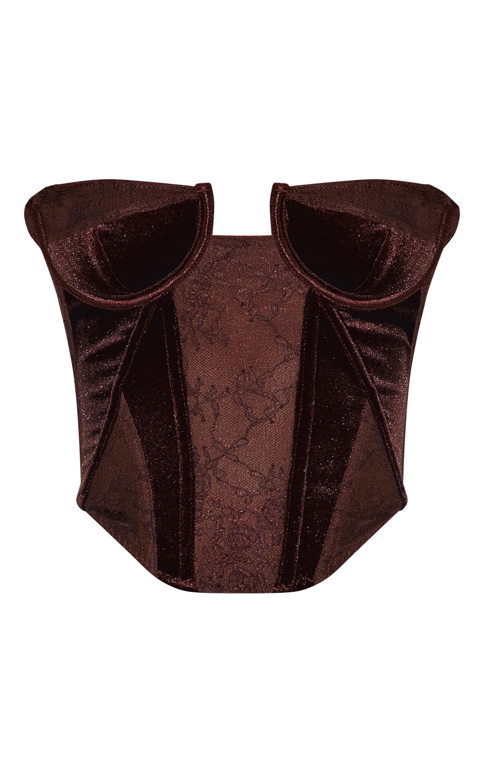 Petite Chocolate Bandeau Velvet Corset With Lace Details Product Image