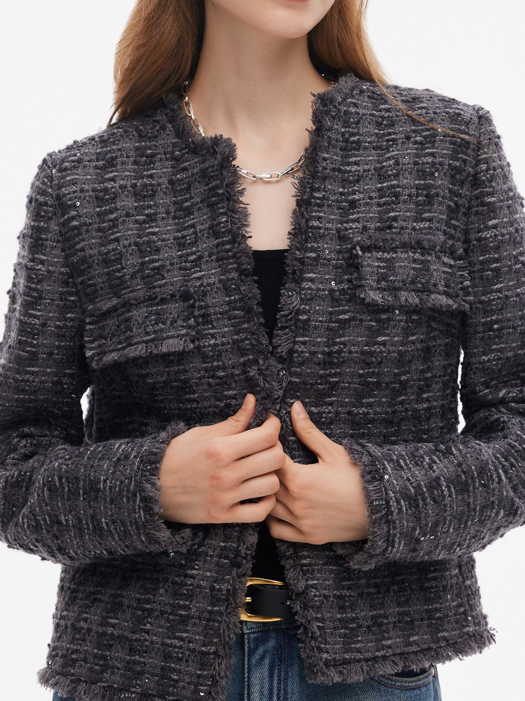 Wool Blend Sequins Tweed Women Frayed Edge Crop Jacket Product Image