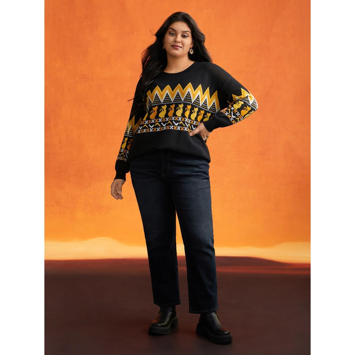 Plus Size Cat Printed Jacquard Fair Isle Pullover Black Women Casual Long Sleeve Round Neck Everyday Pullovers BloomChic 18-20/2X Product Image