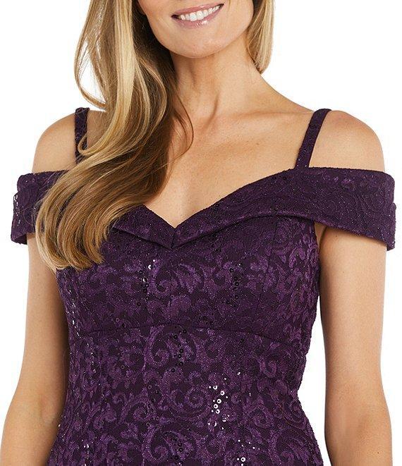 R & M Richards Off-the-Shoulder Cap Sleeve Floral Lace Mermaid Gown Product Image