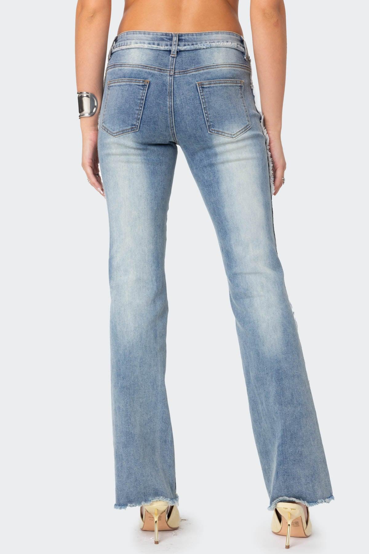 Frayed Seam Washed Low Rise Straight Leg Jeans Product Image