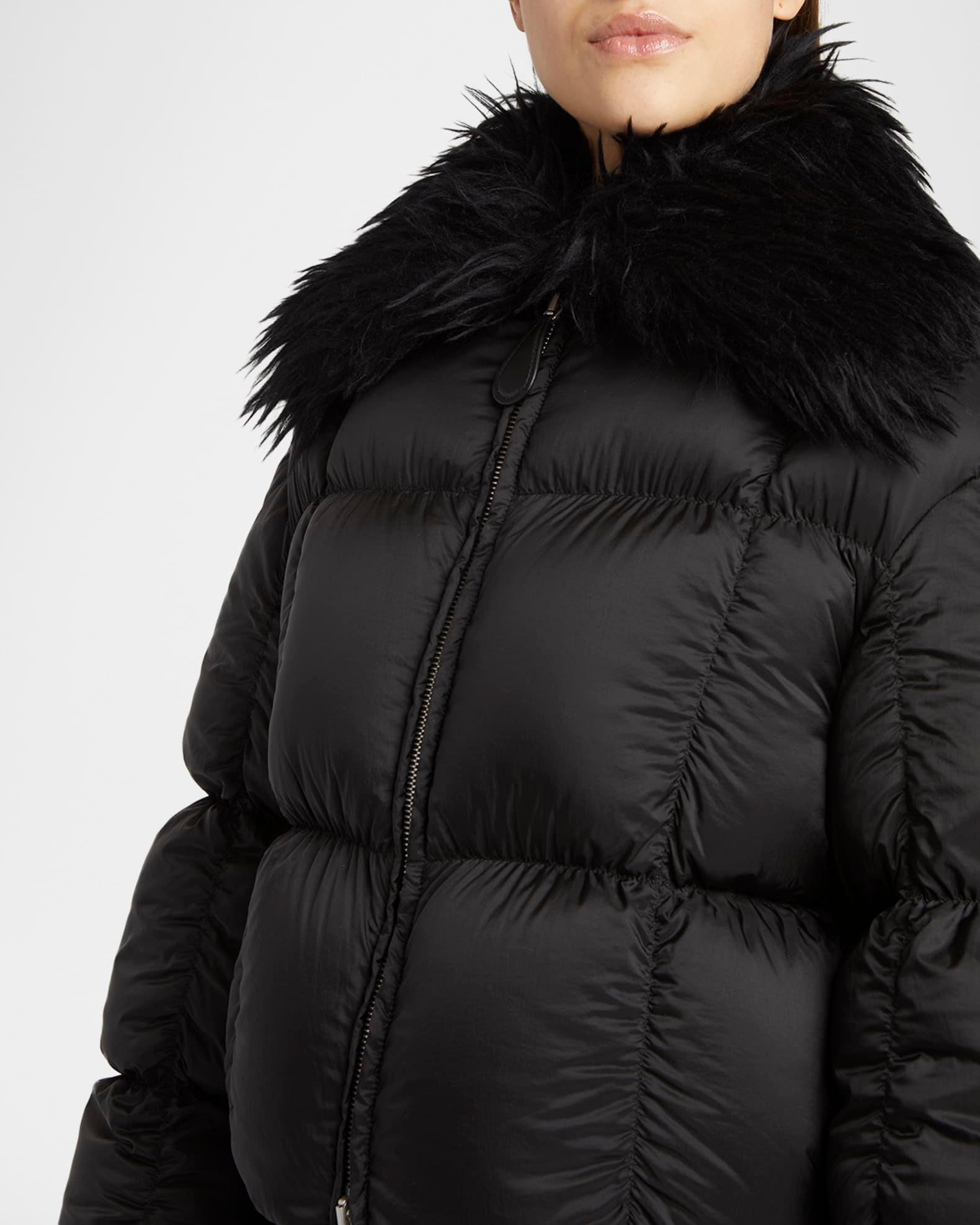 Gathered Quilted Jacket With Detachable Faux-Fur Collar Product Image