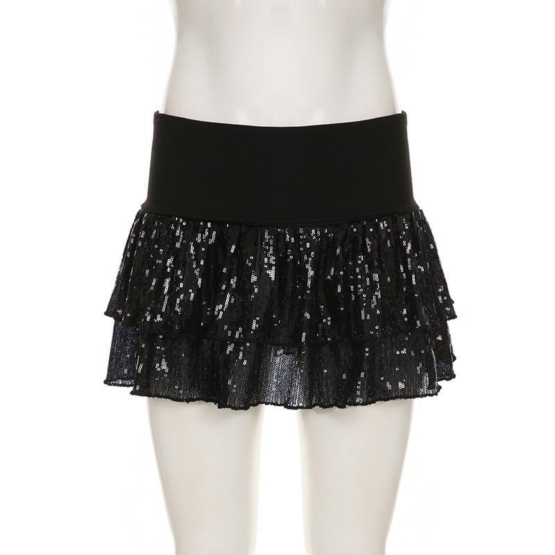 Low Rise Sequin Layered Mini A-Line Skirt Product Image