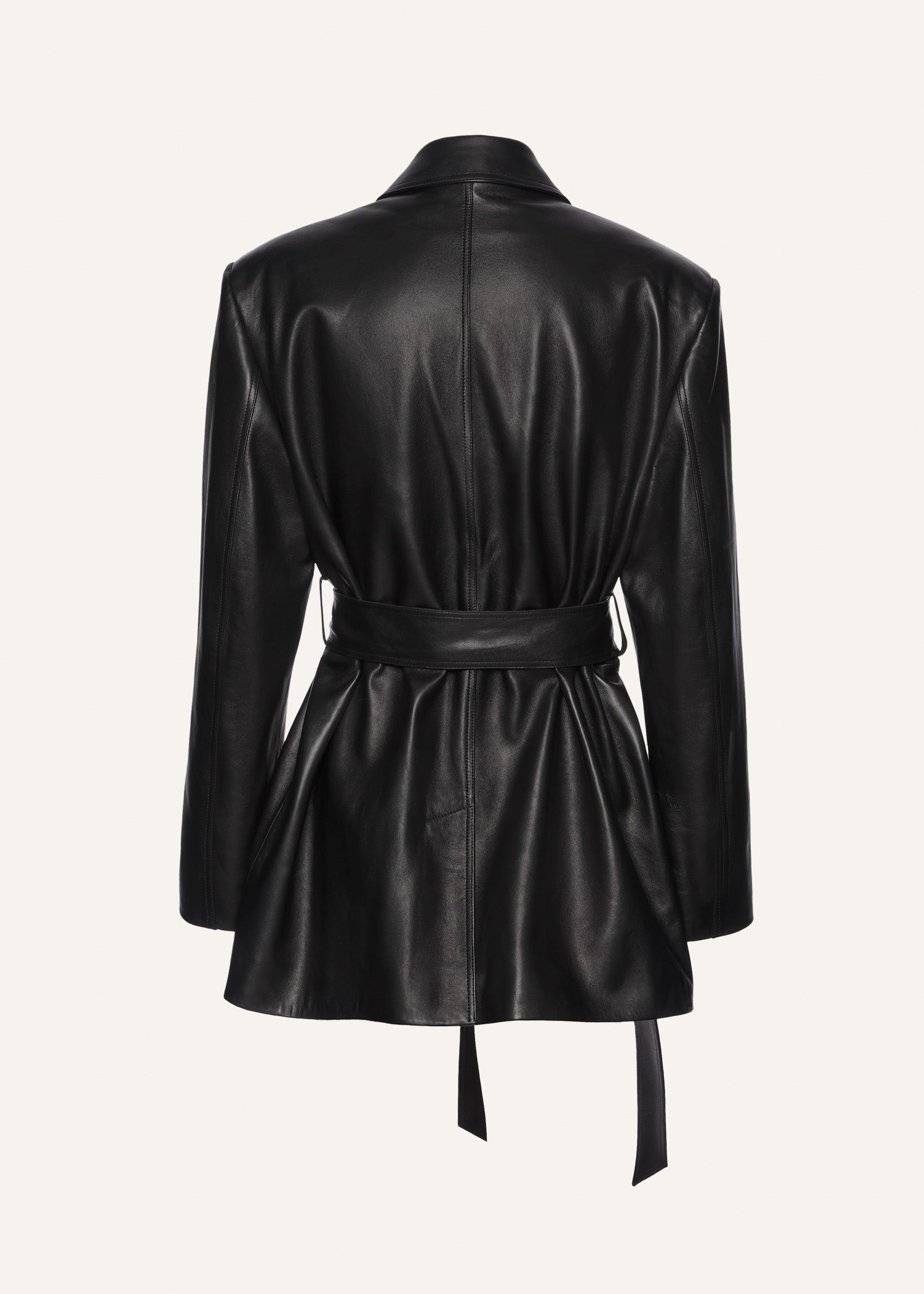 Belted leather jacket in black Product Image