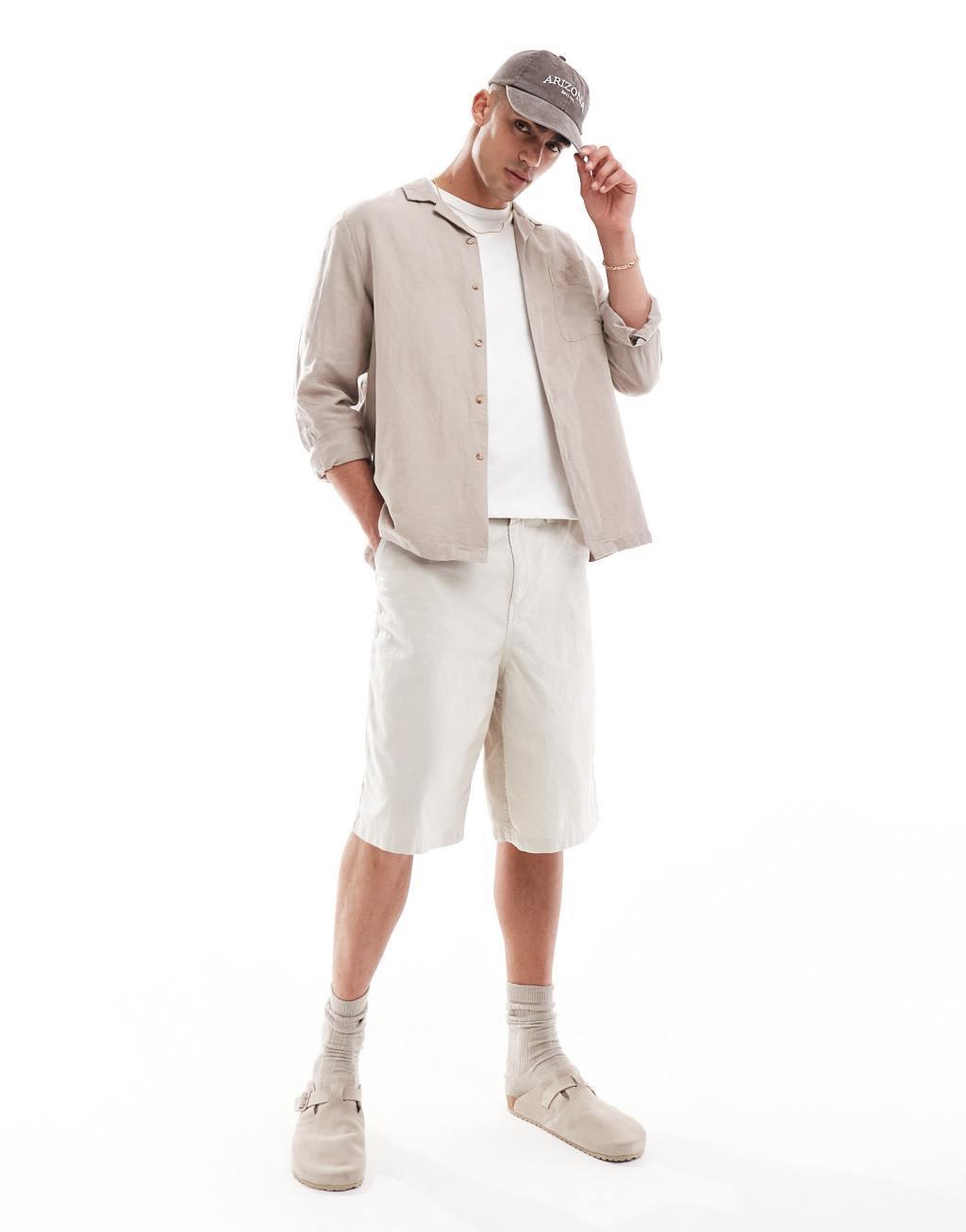 ASOS DESIGN relaxed camp shirt in linen mix with patched pocket in stone  Product Image