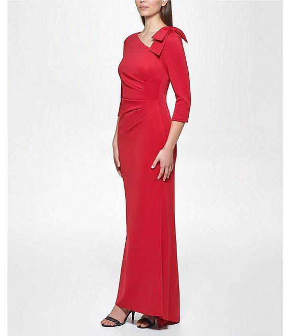 Jessica Howard 3/4 Sleeve Asymmetrical Neck Bow Shoulder Side Tuck Gown Product Image
