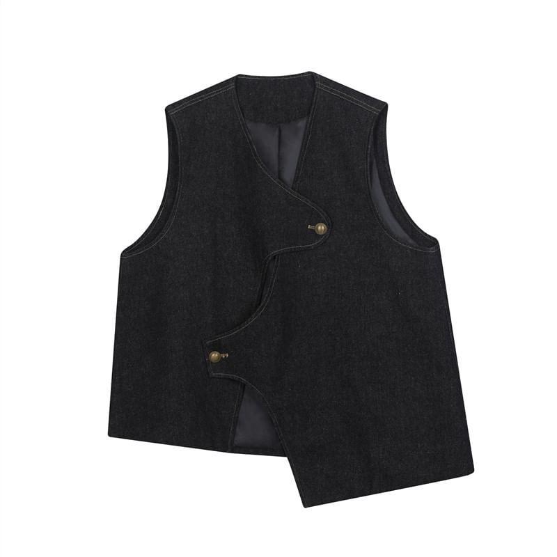 V-Neck Unwashed Asymmetrical Button Denim Vest Product Image