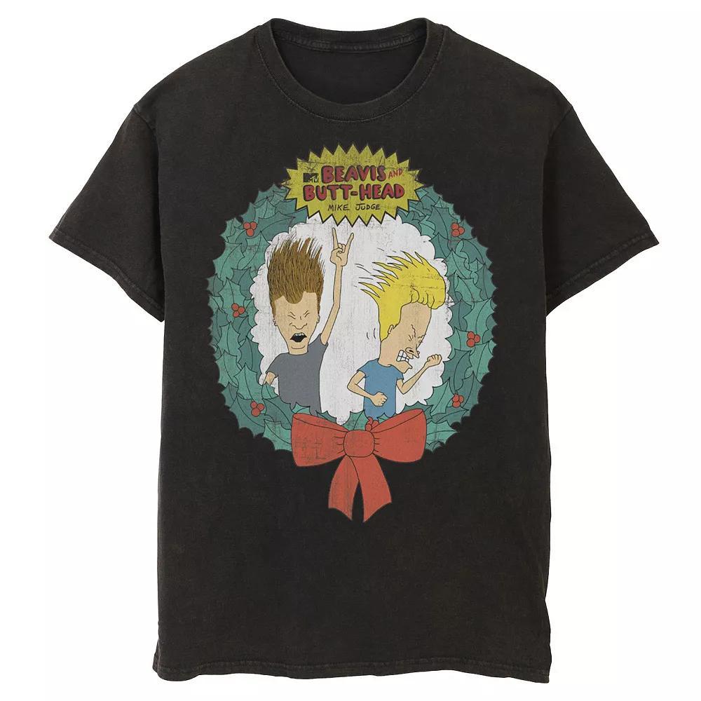 Men's Cartoon Network Beavis and Butthead Christmas Wreath Tee, Size: Medium, Black Product Image