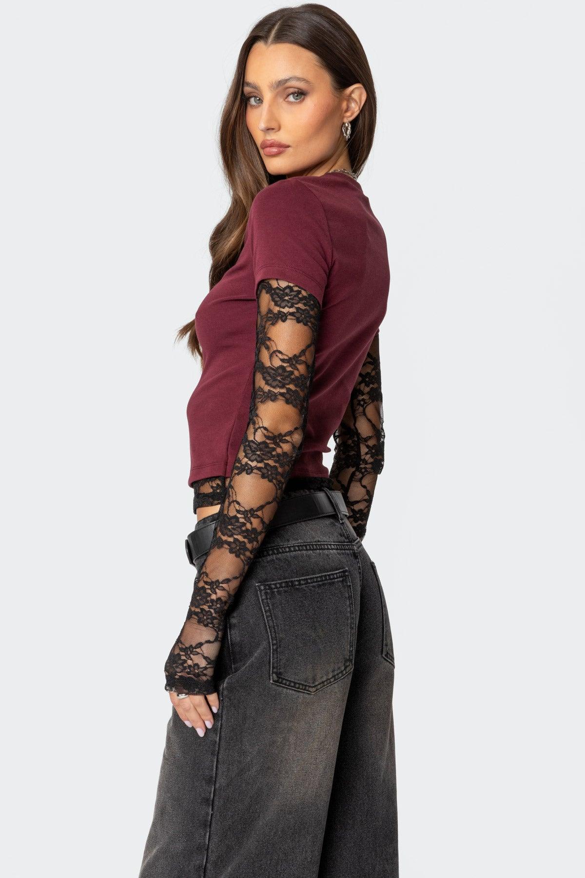 Layered Lace Sleeve T Shirt Product Image