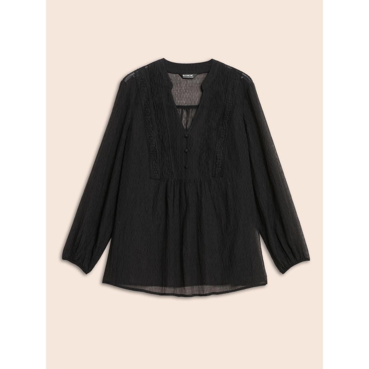Plus Size Black Textured Lace Panel Pleated Blouse Women Elegant Long Sleeve V-neck Everyday Blouses BloomChic 26/4X Product Image