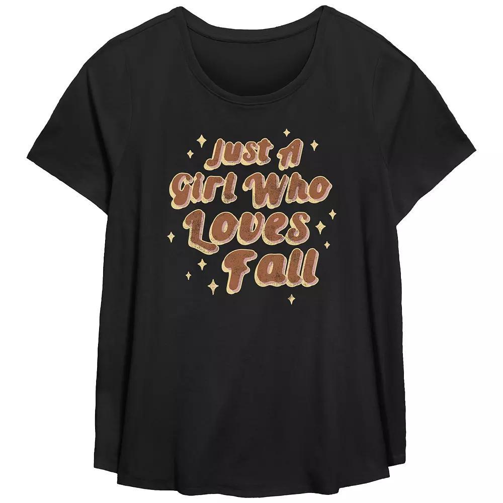 Juniors Plus Size Just A Girl Who Loves Fall Scoop Hem Flowy Graphic Tee, Womens Product Image