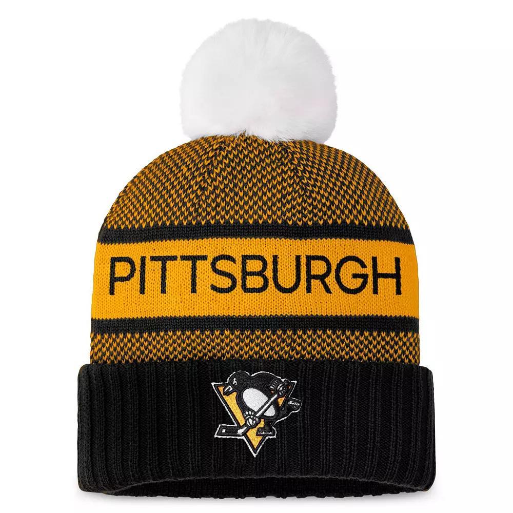 Women's Fanatics Branded Black/Gold Pittsburgh Penguins Authentic Pro Rink Cuffed Knit Hat with Pom Product Image
