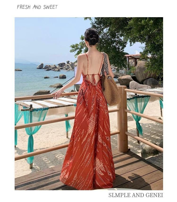 Spaghetti Strap Print Maxi A-Line Dress Product Image