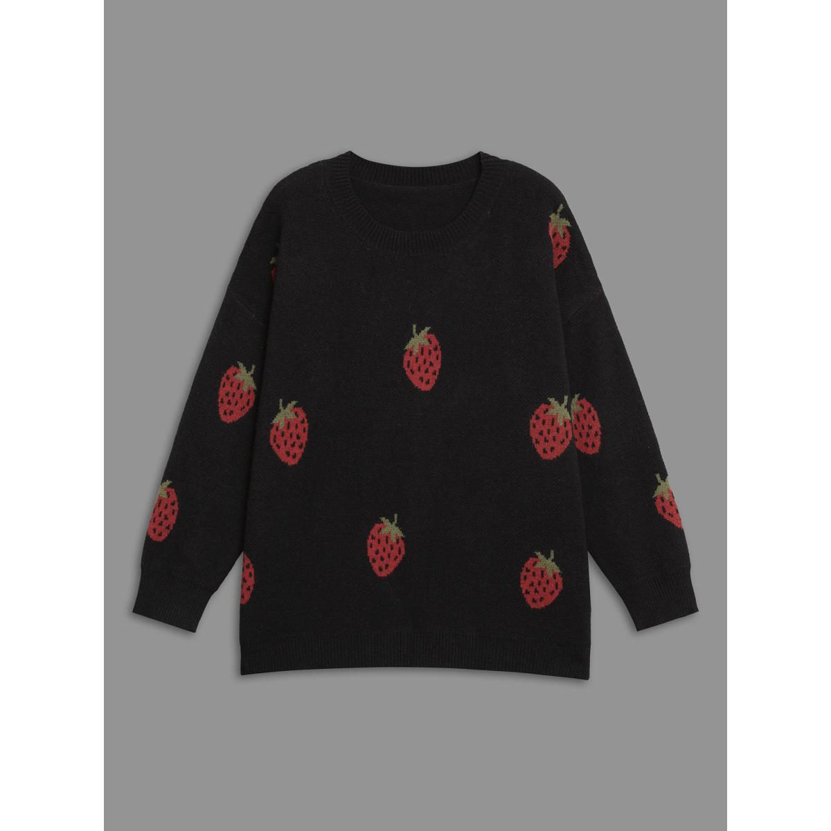 Plus Size Strawberry Jacquard Drop Shoulder Sleeve Pullover Black Women Casual Loose Long Sleeve Round Neck Everyday Pullovers BloomChic 22-24/3X Product Image