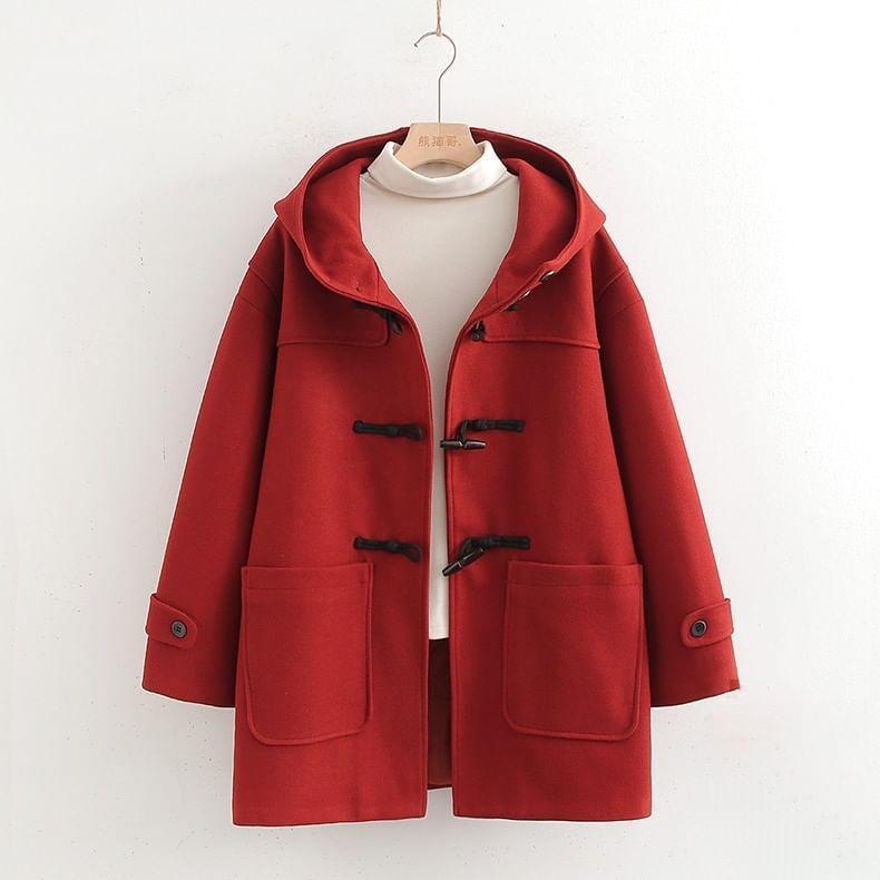 Plain Hooded Midi Toggle Coat Product Image