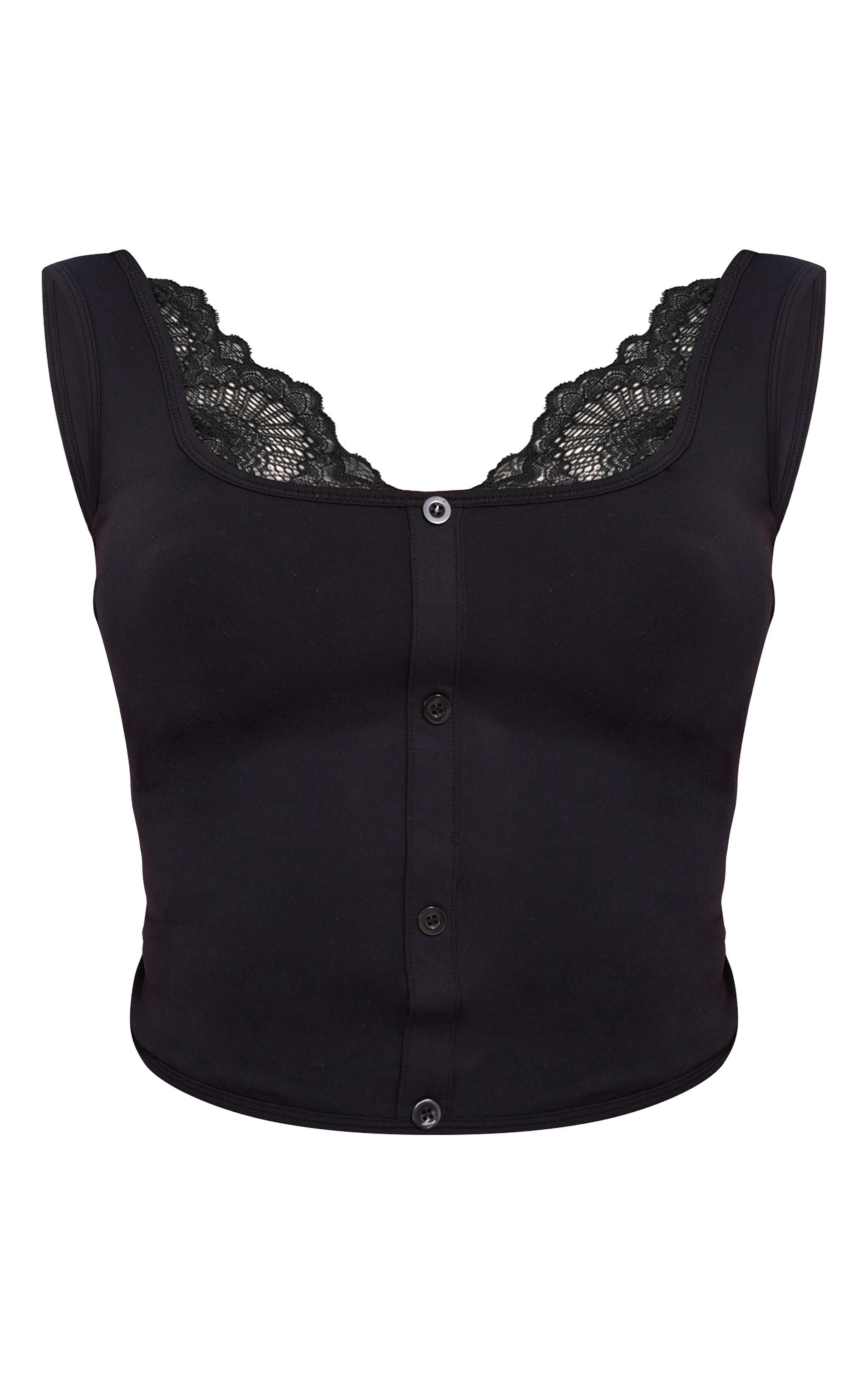 Black Snatched Sculpt Lace Trim Button Up Long Top Product Image