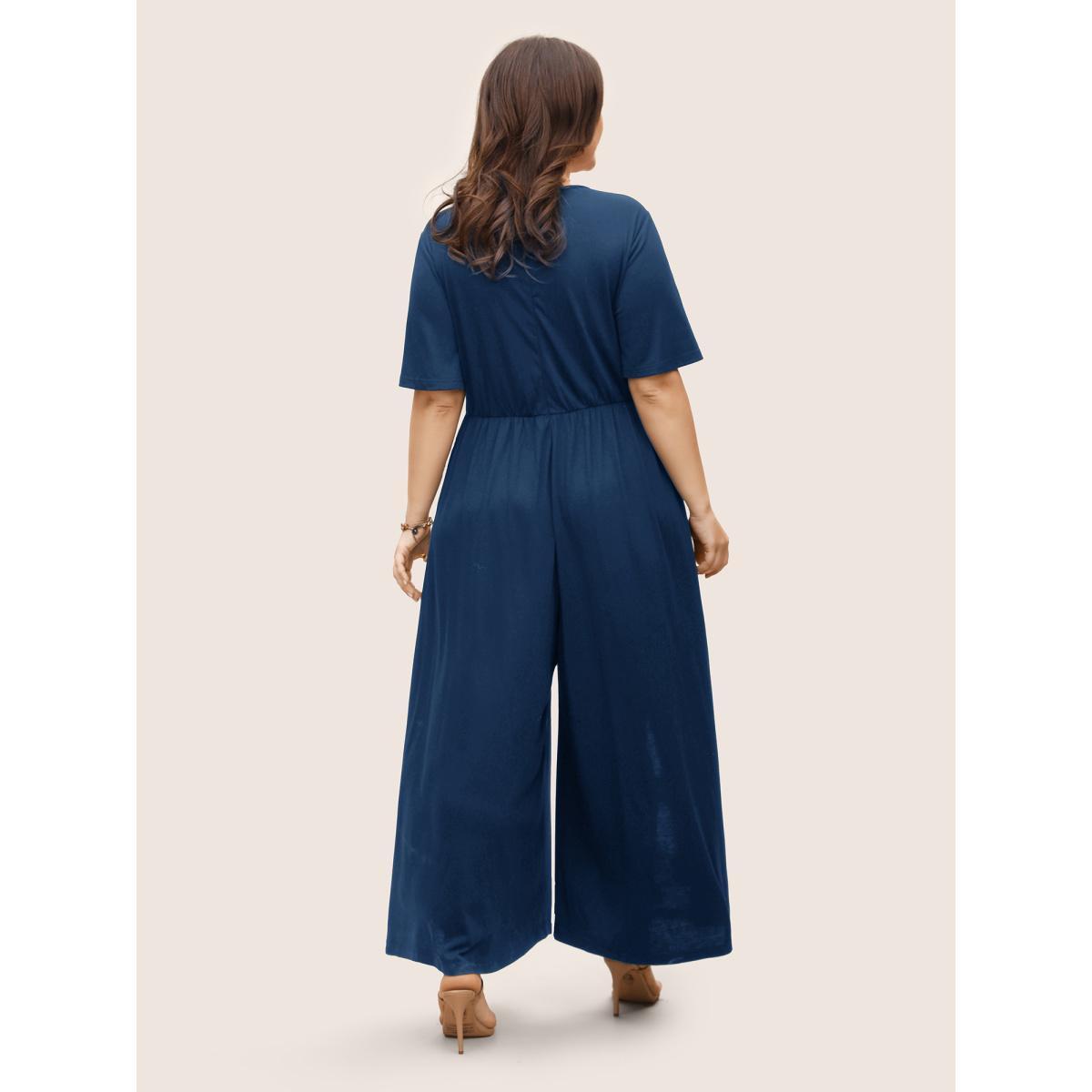Plus Size Mediumblue V Neck Lace Panel Frill Trim Jumpsuit Women Resort Short sleeve V-neck Vacation Loose Jumpsuits BloomChic 22-24/3X Product Image