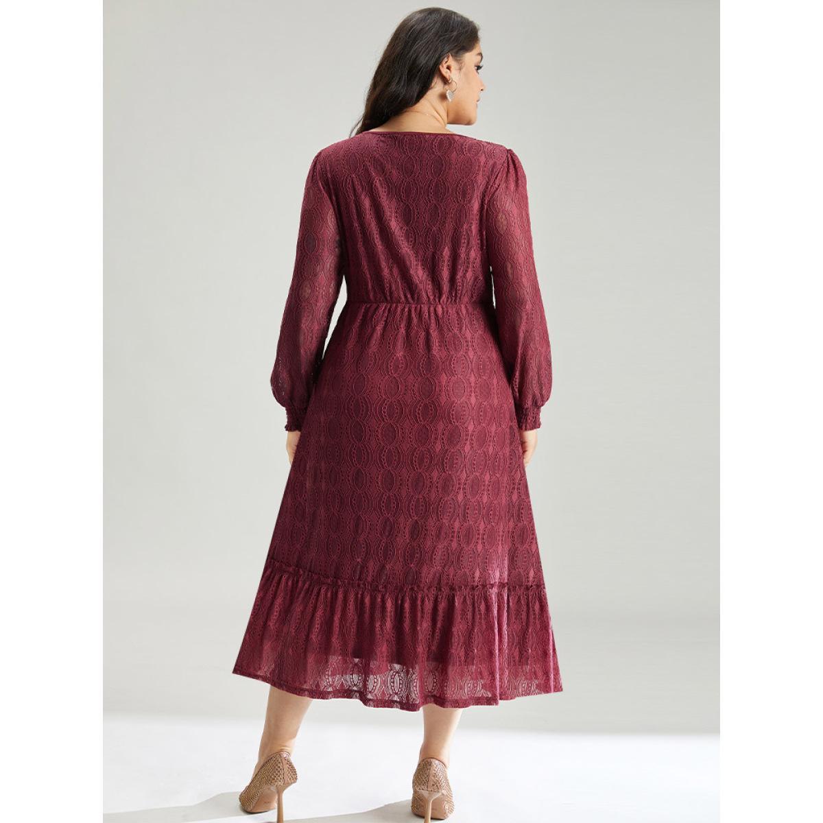 Plus Size Contrast Lace Button Detail Shirred Ruffle Hem Dress Scarlet Women Glamour Texture V-neck Long Sleeve Curvy Midi Dress BloomChic 10/M Product Image