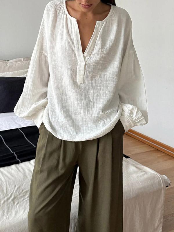 Loose Puff Sleeves Pleated Solid Color Split-Joint V-Neck Blouses&Shirts Tops Product Image