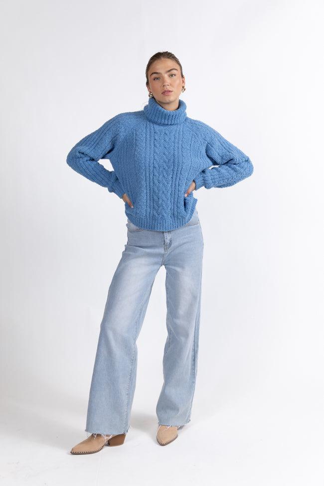 Snow Place Like Home Blue Fuzzy Cable Knit Turtleneck Sweater FINAL SALE Product Image