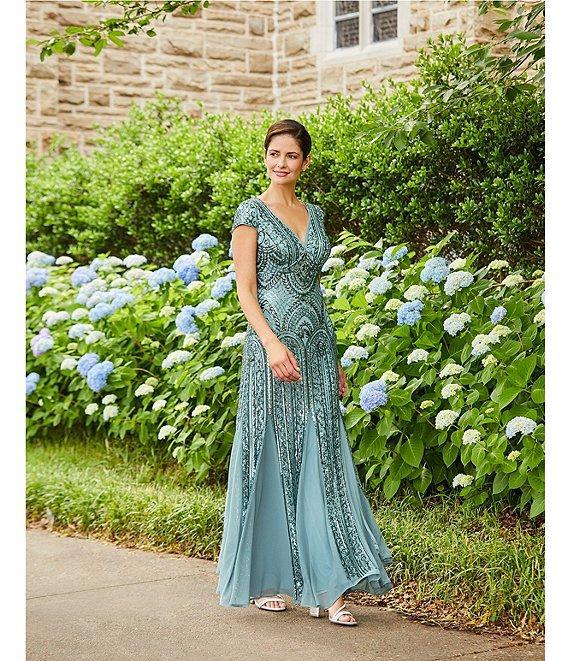 R & M Richards Cap Sleeve V-Neck Godet Insets Embroidered Sequin Dress Product Image