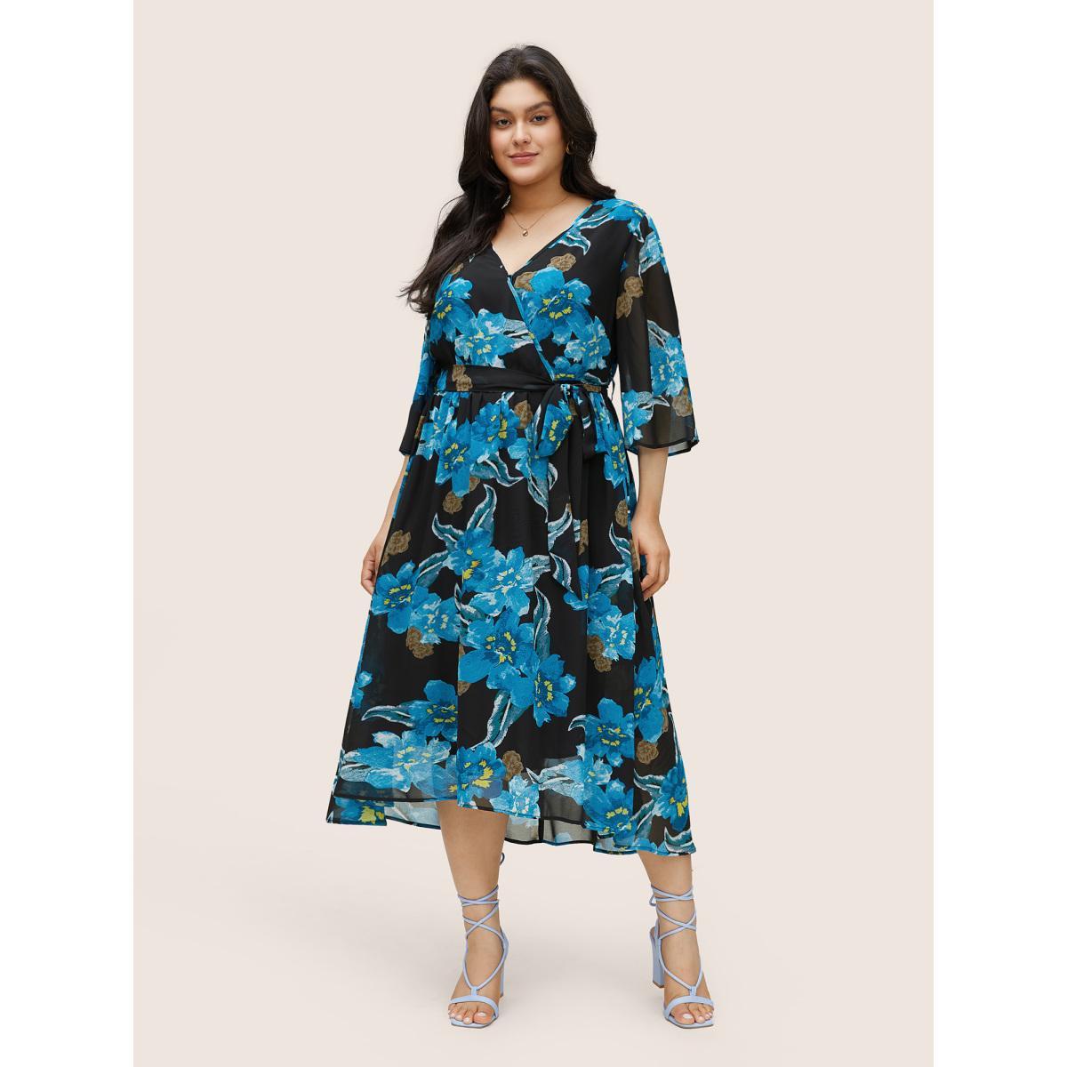 Plus Size Floral Print Surplice Neck Belted Mesh Dress Black Women Elegant Non Overlap Collar Elbow-length sleeve Curvy Midi Dress BloomChic 30/6X Product Image