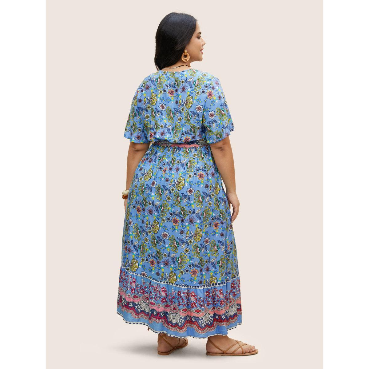 Plus Size Rayon Boho Print Overlap Collar Dress Mediumblue Women Resort Belted Overlap Collar Short sleeve Curvy BloomChic 18-20/2X Product Image