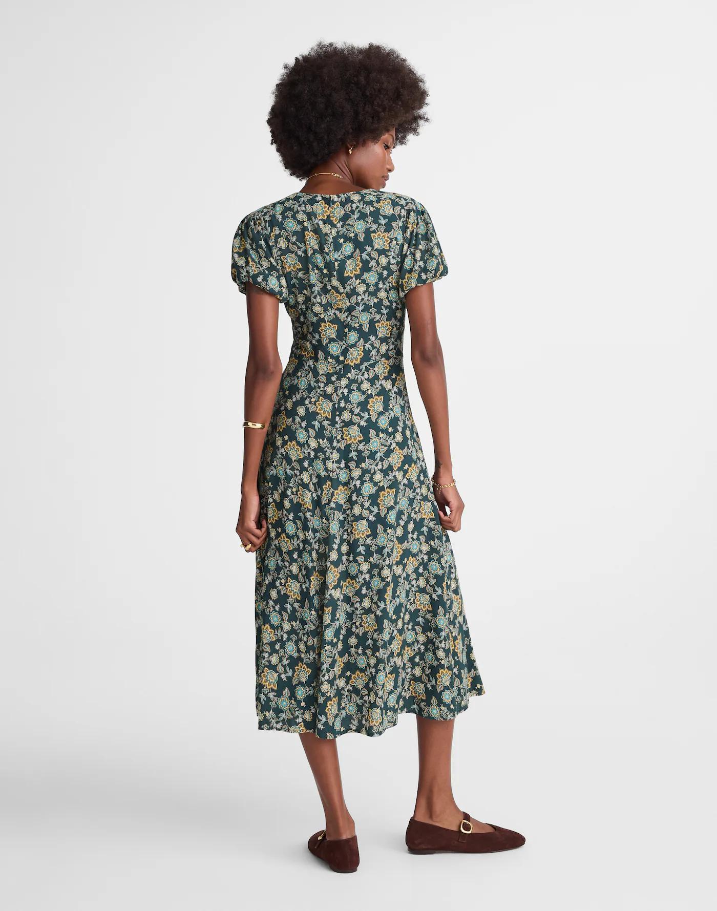 Seamed Puff-Sleeve Midi Dress in Floral Product Image