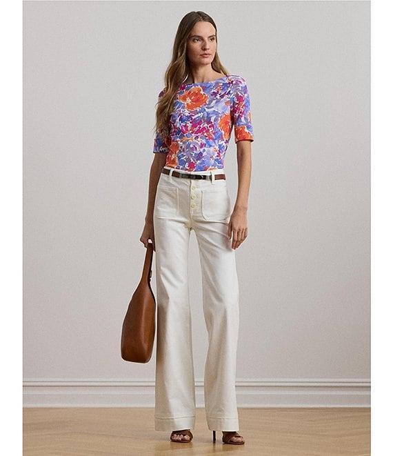 Lauren Ralph Lauren Stretch Cotton Floral Print Boat Neck Elbow Sleeve T-Shirt Product Image