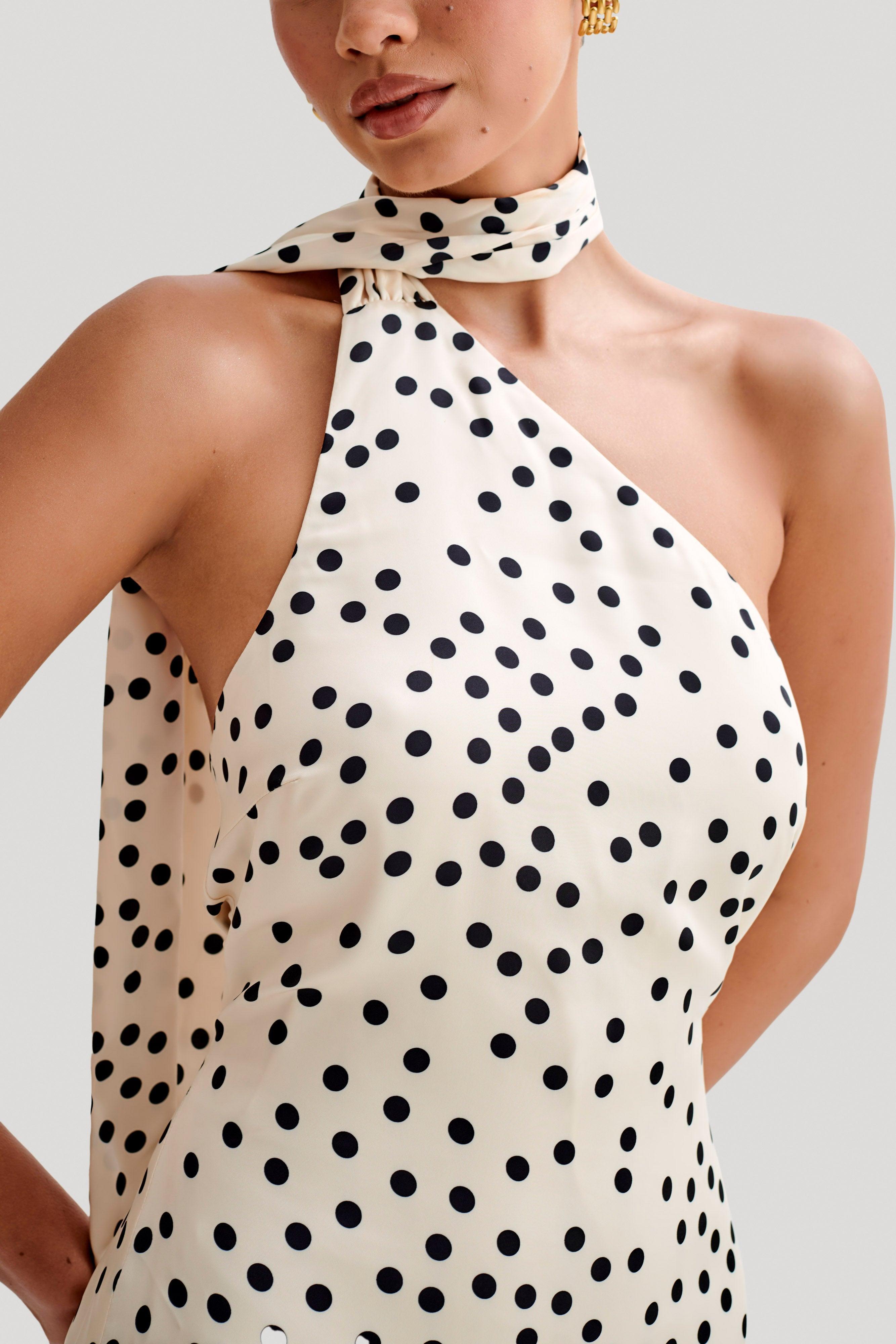 Joan Satin Asymmetrical Mini Dress - Polkadot Product Image