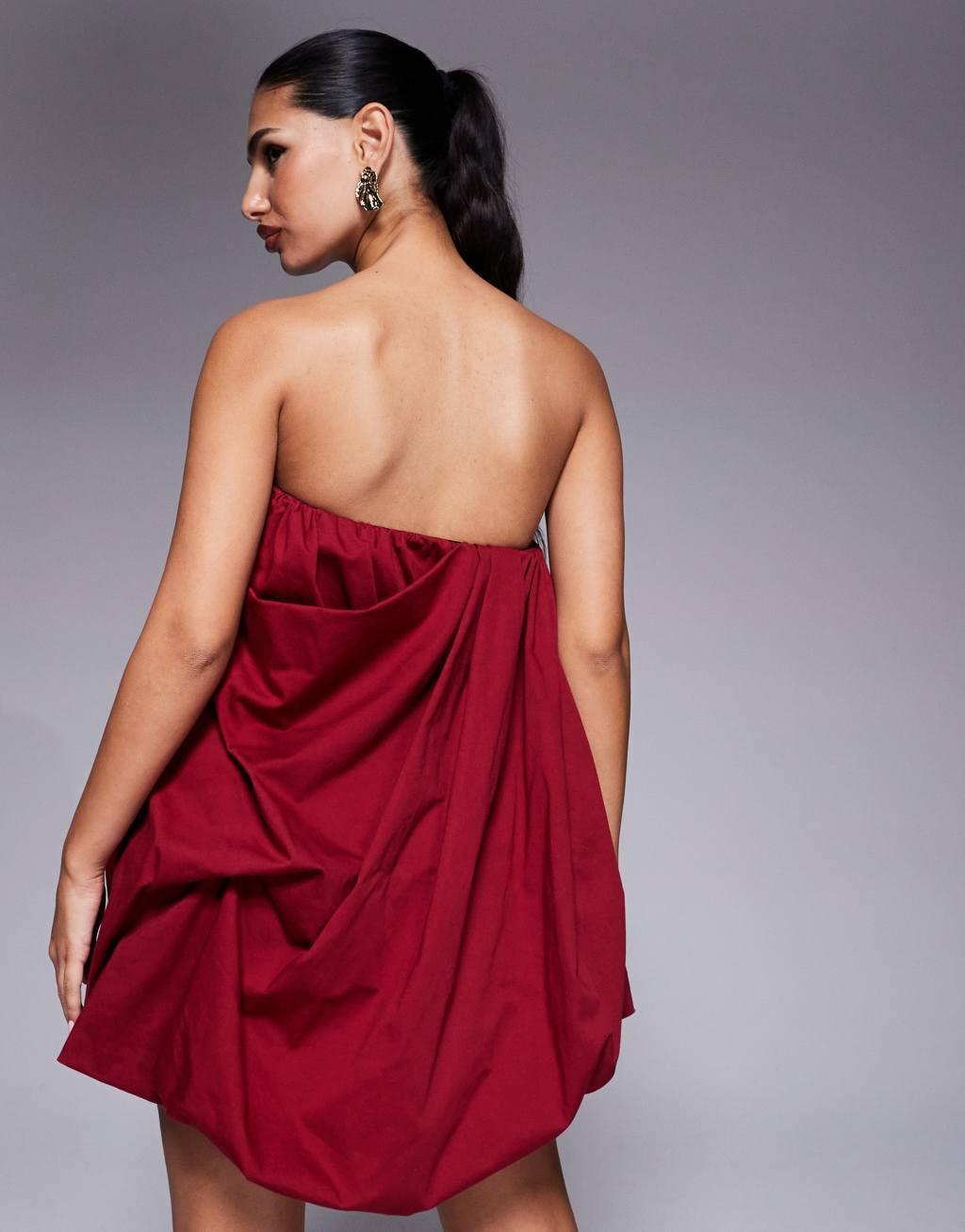 ASOS DESIGN structured bust puffball bandeau mini dress in burgundy Product Image