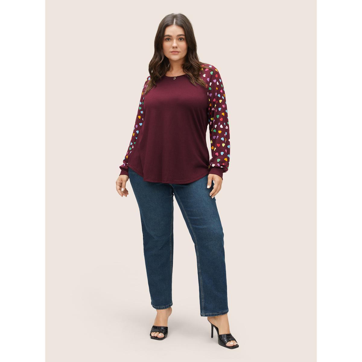 Plus Size Colour Heart Print Raglan Sleeve T-shirt Burgundy Women Elegant Non Heart Print Round Neck Everyday T-shirts BloomChic 12/L Product Image
