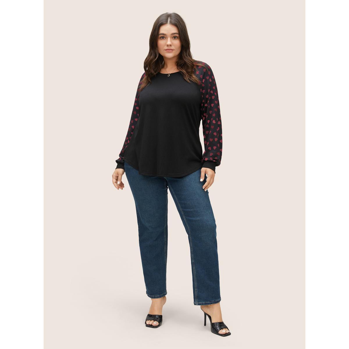 Plus Size Colour Heart Print Raglan Sleeve T-shirt Multicolor Women Timeless Non Heart Print Round Neck Elegant T-shirts BloomChic 28/5X Product Image