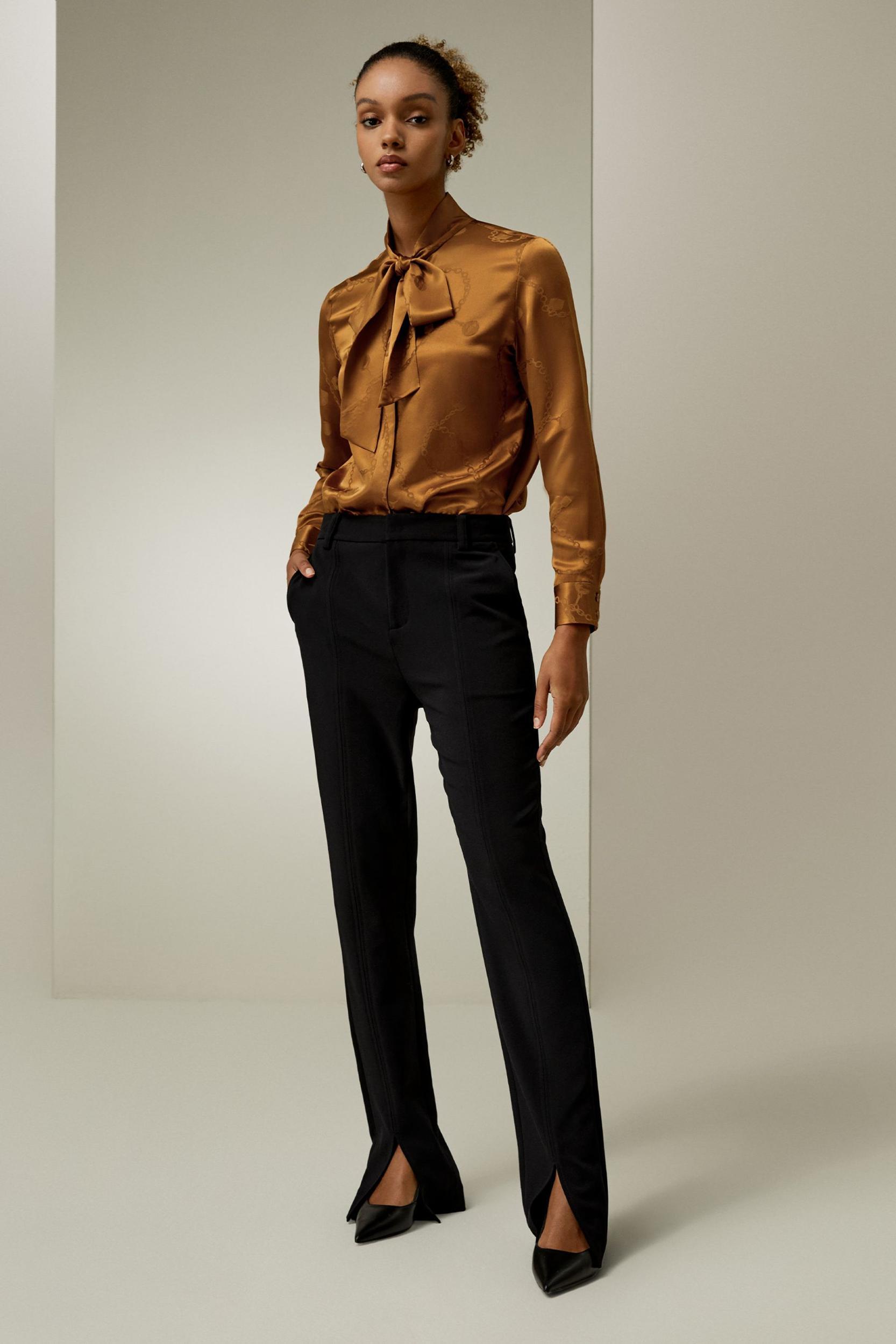 Jacquard-wave Silk Blouse with Bow Product Image