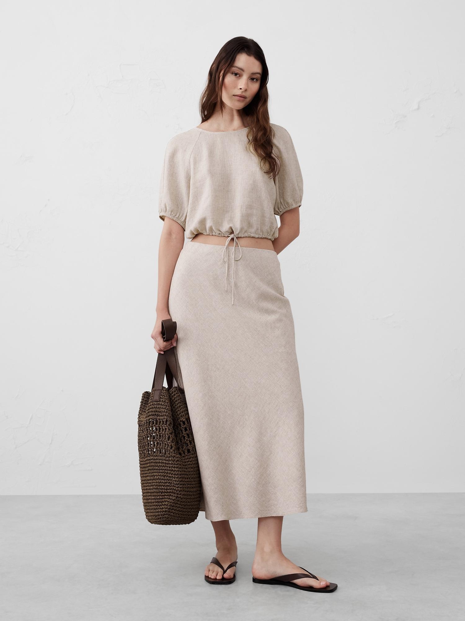 Linen-Blend Midi Slip Skirt Product Image